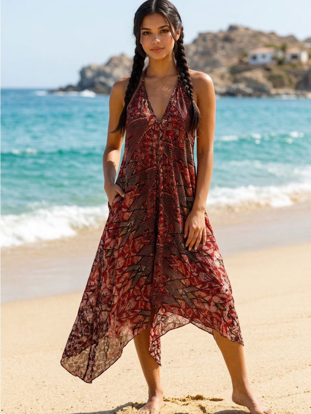 Women's Red Halter Swim Coverup Dress